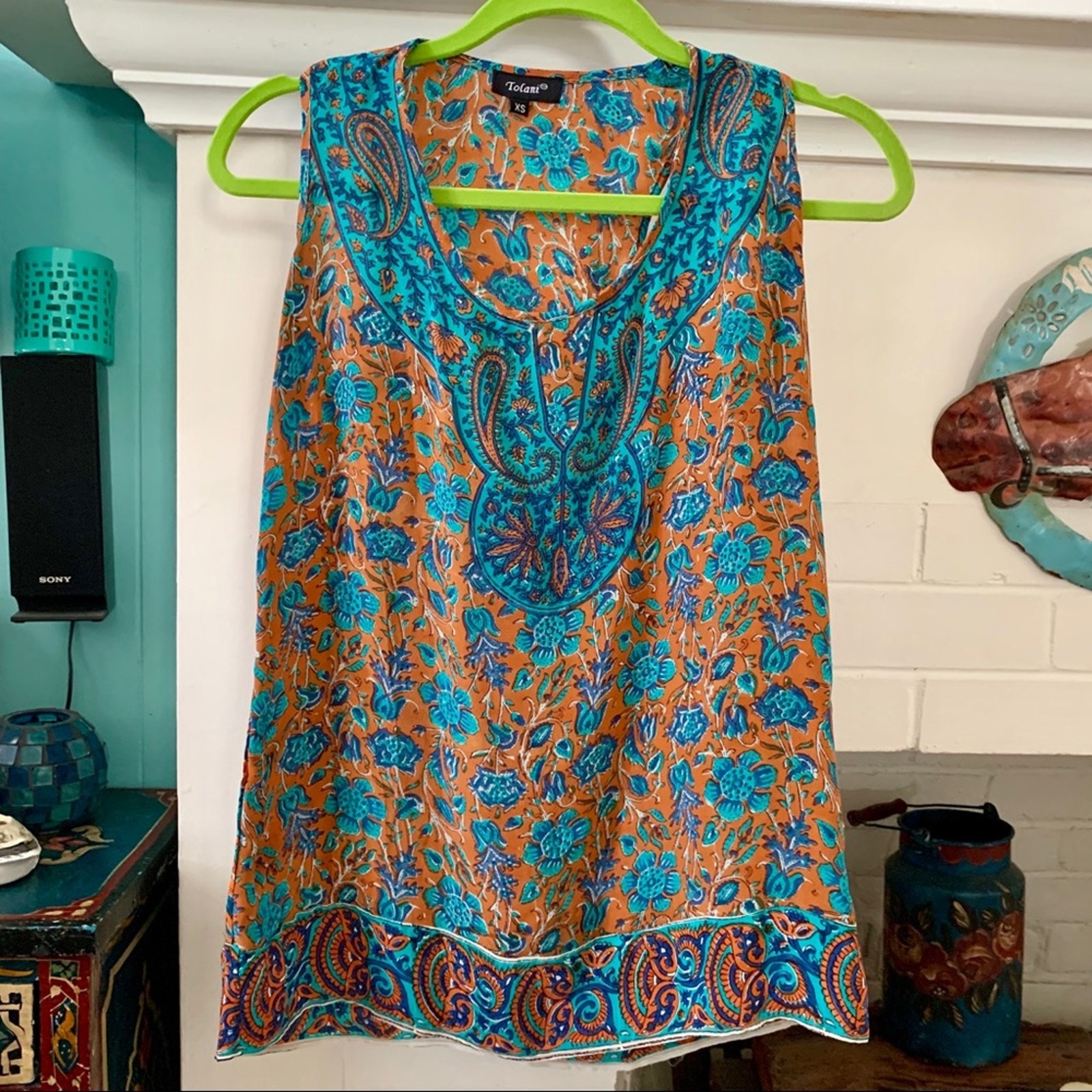 Nwot Tolani Revolve Clothing 100% Silk Blouse Orange/Turquoise Xs